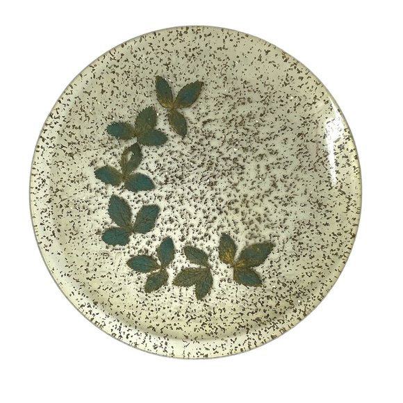 Vintage Lucite Turquoise Green Leaves and Gold Fleck Sparkle Dish Plate 60s 70s - Picture 1 of 6